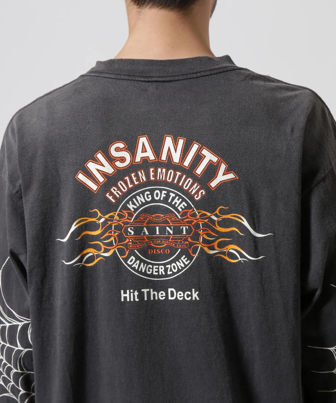 SAINT Mxxxxxx × TEFLON DISCO ML_LS TEE/INSANITY/BLK Spider Web INSANITY Distressed Long Sleeves Washed Black S-XL Ready-to-wear Assute dyeing Maliu water spray fading treatment Customized TEFLON DISCO co-branded accessories Hand-splashed ink Wormhole fraying treatment Authentic level printing process